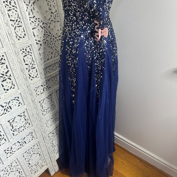 Goddiva London Navy Blue Off Shoulder Sequin Fairycore Formal Event Prom Dress - Picture 7 of 9